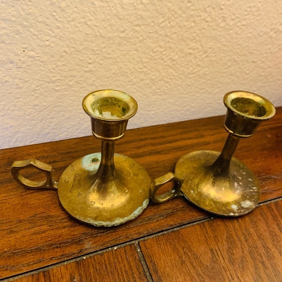 Vintage brass candle holders with handle tarnished
